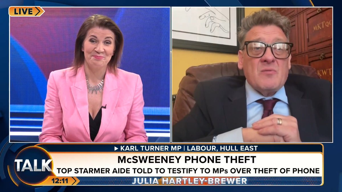 🚨Labour MP Karl Turner says he "doesn't believe" Morgan McSweeney's phone was stolen. "We came into Government holier-than-thou. We were going to be the party of cleanliness, decency and honesty." Julia Hartley-Brewer | Karl Turner MP