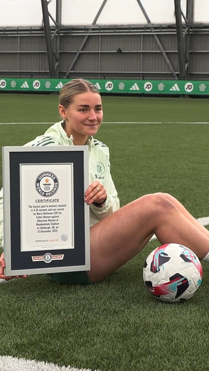 Congratulations to Maria McAneny, who has scored the fastest goal in the history of women's football! Her strike straight from kick-off for Celtic FC Women against Hibernian Women on 21 December 2025 hit the back of the net after just 4.1 seconds. Celtic Football Club Scottish Women's Premier League