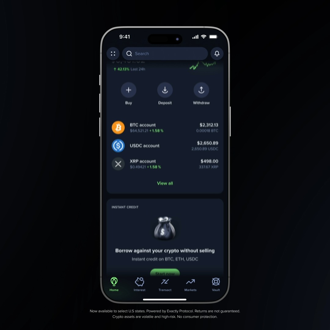 Stop selling. Start spending. Unlock your liquidity with the Exa Credit Card on Uphold. Keep your positions intact and spend against your crypto holdings in the real world. See how it works ↓ Now available to select U.S states. Powered by Exactly Protocol. Returns are not guaranteed. Crypto assets are volatile and high-risk. No consumer protection.