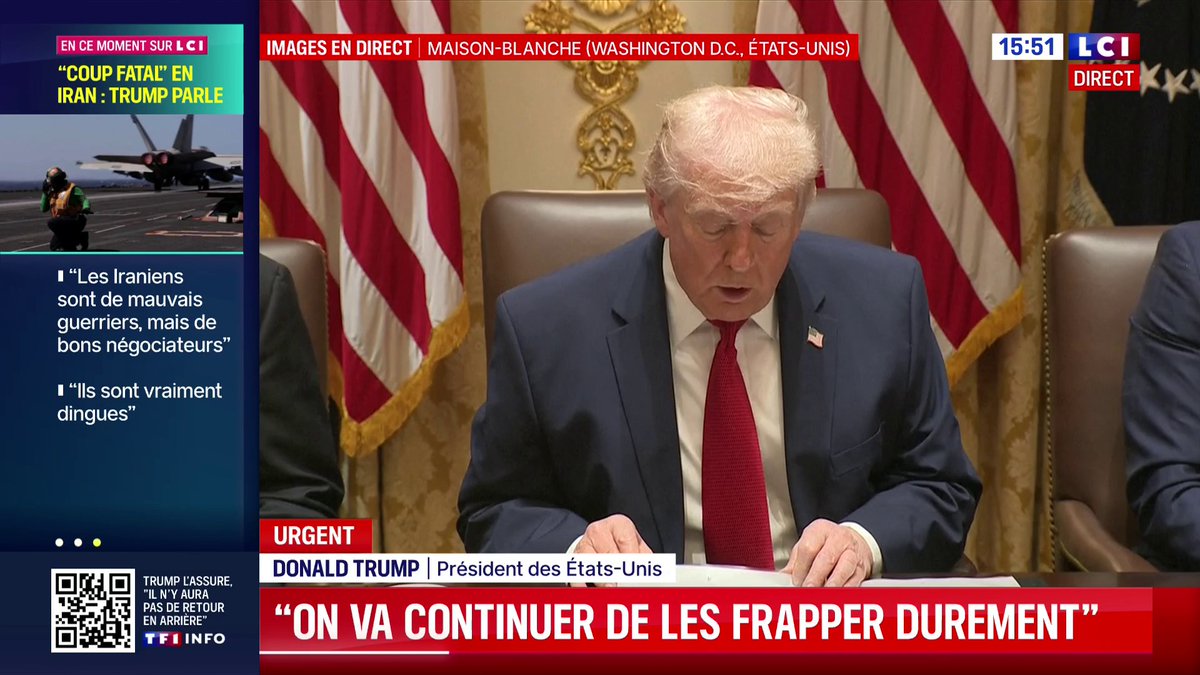 🔴 🗣️ "Avec l'Iran, nous allons continuer nos actions. Personne ne nous arrive à la cheville. Cette épreuve est un test pour l'OTAN, ils ne sont pas obligés de nous aider… mais on s'en souviendra", fustige le président américain Donald Trump