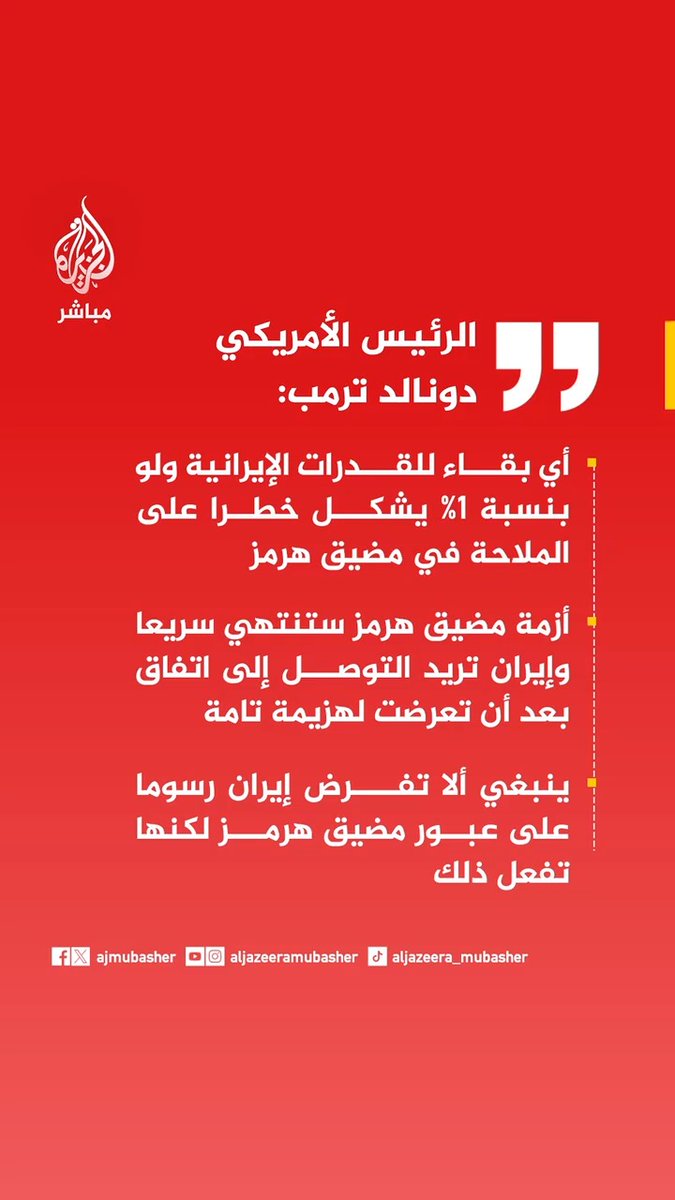 📌 الرئيس الأمريكي دونالد #ترمب: 🟥 أي بقاء للقدرات الإيرانية ولو بنسبة 1% يشكل خطرا على الملاحة في #مضيق_هرمز 🟥 أزمة مضيق هرمز ستنتهي سريعا و #إيران تريد التوصل إلى اتفاق بعد أن تعرضت لهزيمة تامة 🟥 ينبغي ألا تفرض إيران رسوما على عبور مضيق هرمز لكنها تفعل ذلك