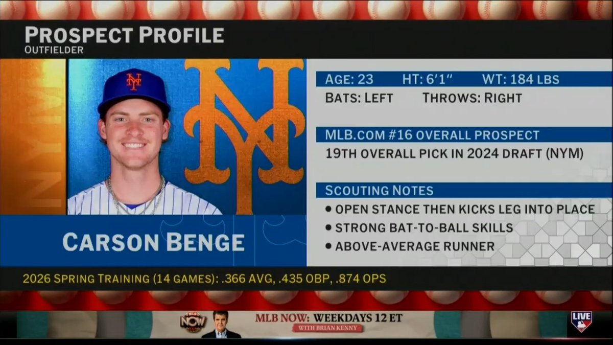 "This is a kid who very much looks like a Big Leaguer..." Anthony DiComo previews Carson Benge's MLB debut, the New York Mets expectations for Freddy Peralta and more on #MLBCentral.