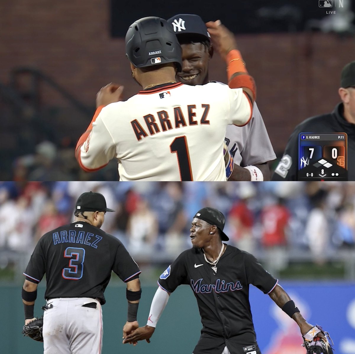 This moment between former Miami Miami Marlins teammates Luis Arraez and Jazz Chisholm Jr. during MLB #OpeningNight was so wholesome 🥹❤️