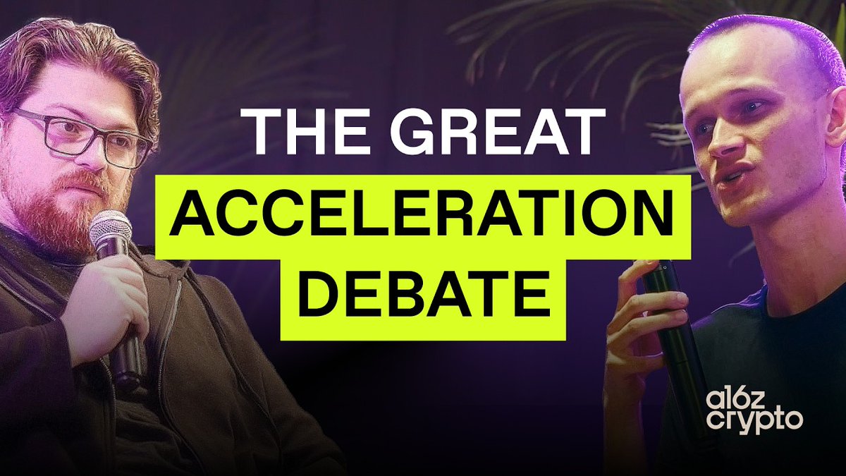 E/ACC vs. D/ACC: THE DEBATE vitalik.eth thinks slowing down AGI by four years is worth it. Beff (e/acc) thinks that's exponential opportunity cost. They debated it live, moderated by Eddy Lazzarin ☀️ and Shaw (spirit/acc). 00:00 Opening 07:02 Thermodynamics and first principles 16:04 Acceleration, entropy, and civilization 28:29 The core disagreement 32:42 Comparing and contrasting e/acc and d/acc 36:20 Open source, open hardware, and local intelligence 54:18 Should AI be slowed down? 1:02:35 Autonomous agents and artificial life 1:21:07 Crypto as the trust layer between humans and AI 1:35:37 Closing arguments