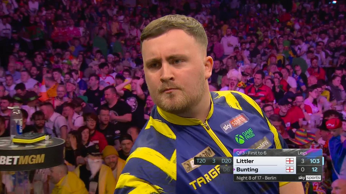 BRUTAL FROM LITTLER! A stinging 103 checkout from Luke Littler gives the World Champion a 4-0 lead over Stephen Bunting, despite The Bullet averaging in well in excess of a ton! 📲 #PLDarts | QF3