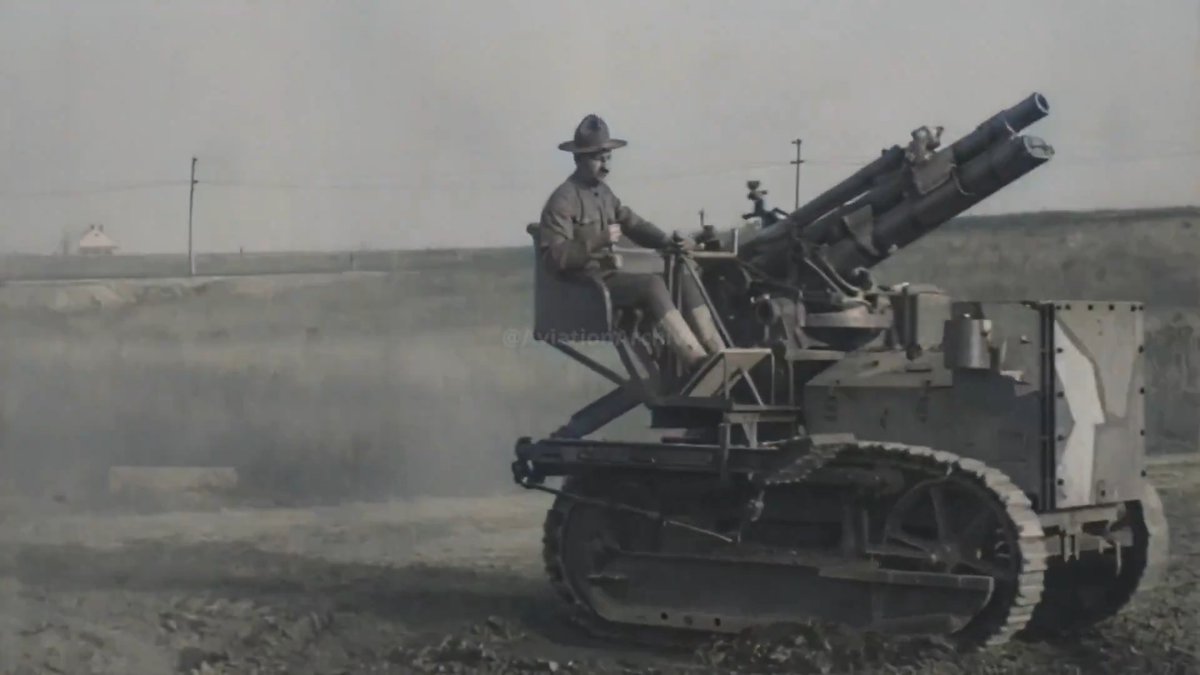 Opposed by conservative horse-artillery advocates, the Holt 2½-ton Artillery Tractor Model 1918 was an experimental light tracked vehicle built by Holt Manufacturing (Caterpillar’s predecessor) to mechanize US Army field artillery and replace horses. the Ordnance Department turned one into a self-propelled gun by extending the chassis side plates to mount the 3-inch M1916 field gun on trunnions and adding rear outriggers for firing stability on its short, tall frame. The concept never entered production—the M1916 gun was itself discarded in favor of the French 75 mm M1897, and post-Armistice budget cuts killed the project.