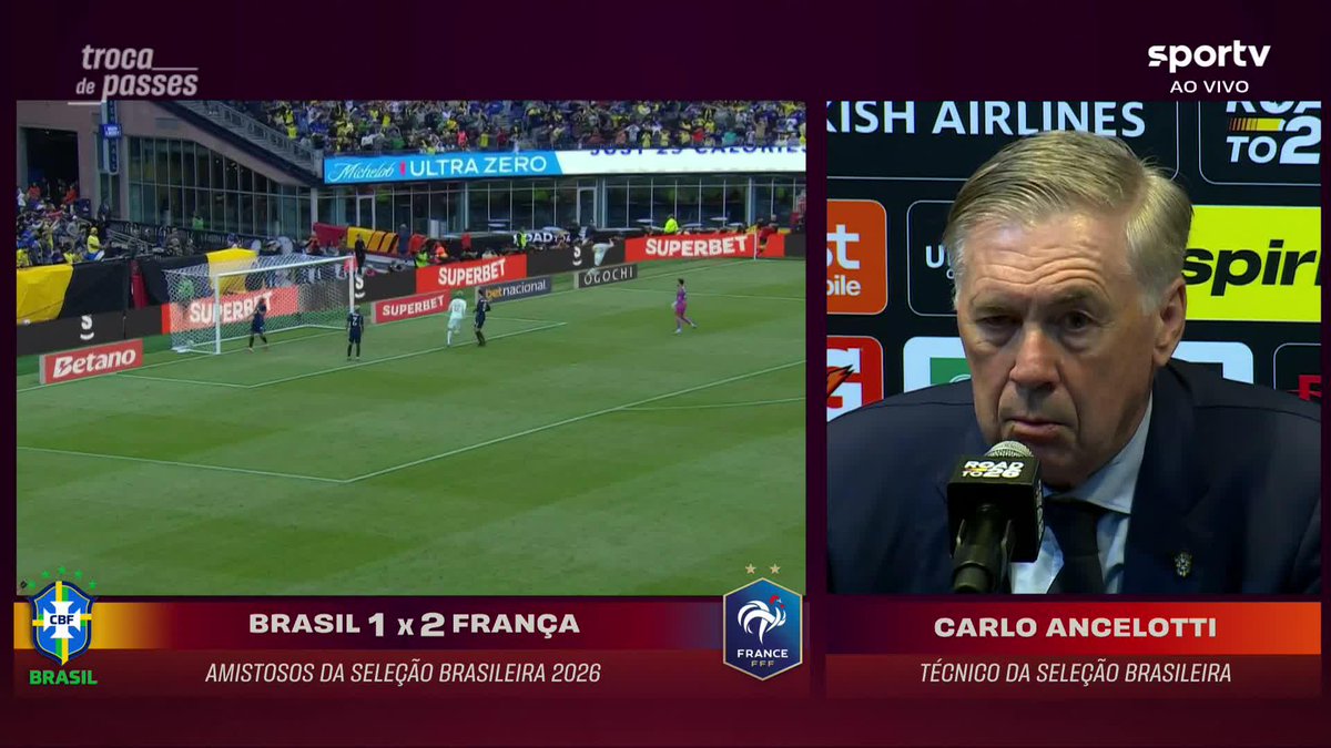 ⚠️ Ancelotti, ao ser questionado sobre os gritos de torcedores brasileiros por Neymar na Seleção: “Agora temos de falar dos que estão aqui, que jogaram, deram tudo, mostraram a cara, trabalharam muito. E eu estou satisfeito.” 🎥 sportv | ge