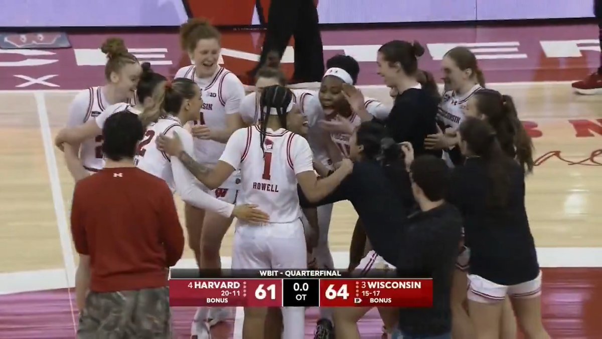 Down by 8 with less than a minute left in regulation, Wisconsin Women’s Basketball came all the way back to win it in OT! Wisconsin advances to the WBIT semis! 📺: ESPN+