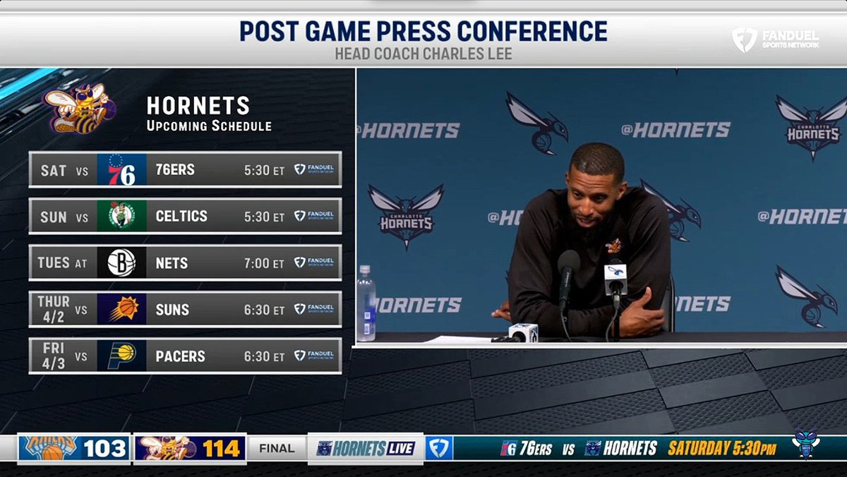 🎙️ Charles Lee: "It was amazing that our Hornets fans were able to drown out some of the Knicks fans, which I loved and we appreciate. That definitely helped us. It created a real home-court advantage, even though they are such a top team and they travel so well."