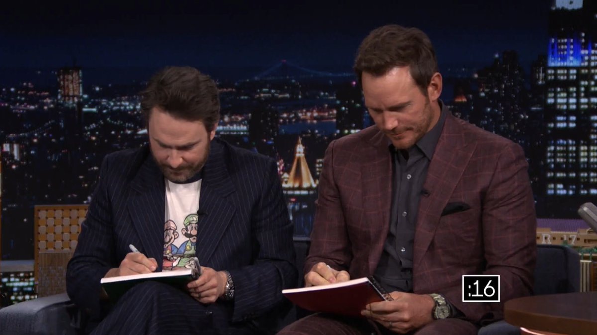 .Chris Pratt &amp; Charlie Day try to draw Mario and Luigi in 20 seconds 😭 The Super Mario Galaxy Movie #FallonTonight
