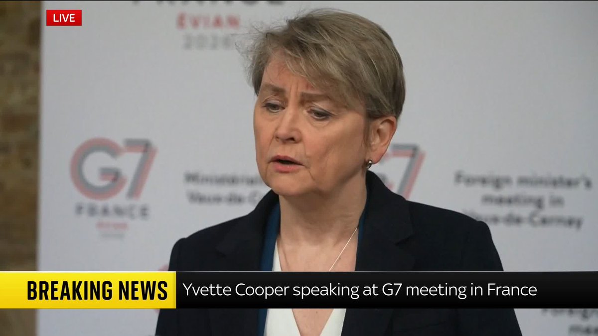 'Iran cannot be able to hold the global economy hostage.' Foreign secretary, Yvette Cooper, speaks at the G7 foreign minister's summit in France, amid the Iran war She adds that the UK has decided to take "the defensive action". Live updates: