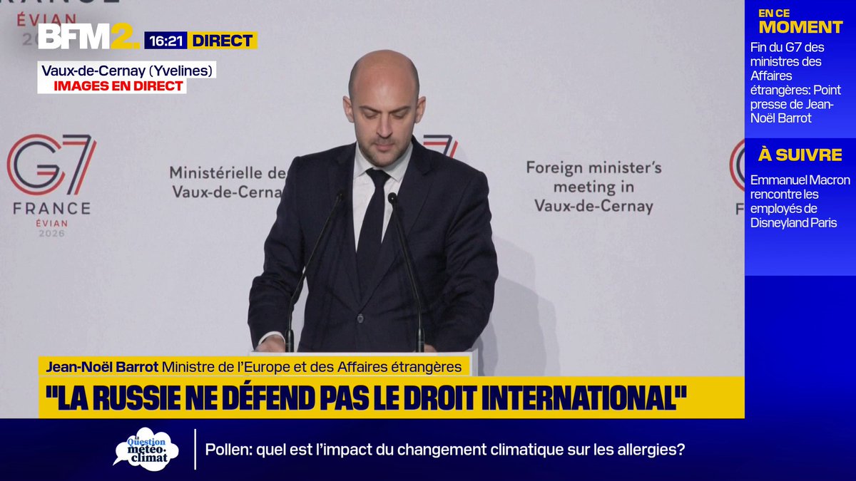 "Non, la Russie ne défend pas le droit international.[...]Non, la Russie n'épargne pas les civils.[...] M.Lavrov, si vous cherchez des preuves d'hypocrisie, n'allez pas loin, elles se trouvent dans votre propre camp", Jean-Noël Barrot dénonce les "mensonges" de Sergueï Lavrov