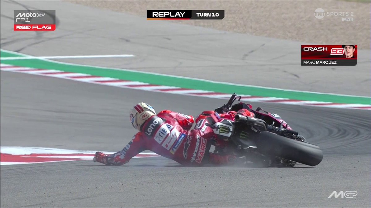 Ridiculously fast ๐ฑ Marc Marquez crashes at high speed through turn 10 bringing out a red flag and we've got our fingers crossed he's ok โค๏ธโ๐ฉน #MotoGP | #USGP | Live on TNT Sports and HBO Max