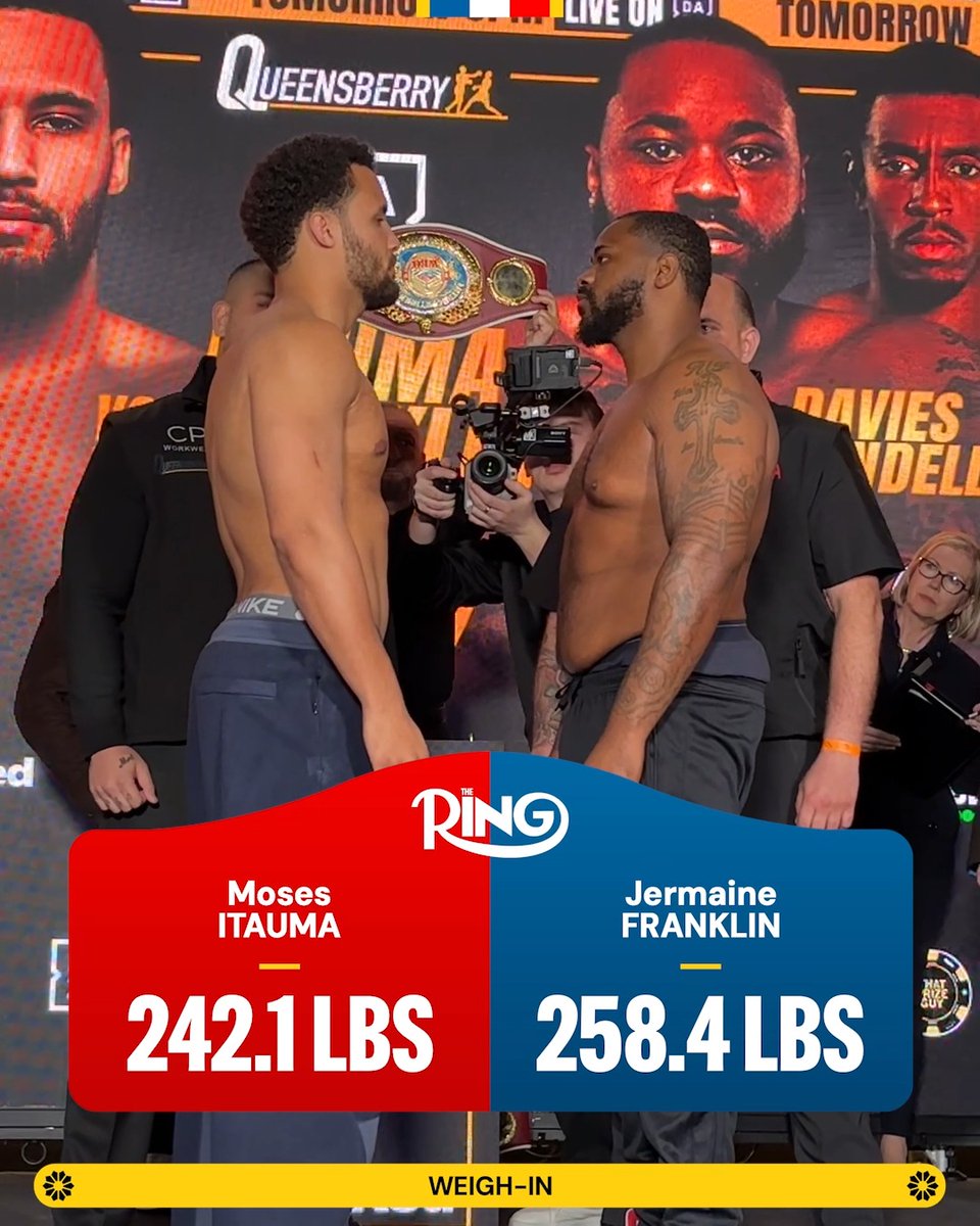 Moses Itauma and Jermaine Franklin are all set for their heavyweight clash in Manchester, tomorrow night on DAZN 💥 🇬🇧 Moses Itauma - 242.1 lbs 🇺🇸 Jermaine Franklin - 258.4 lbs Sign up today, make your picks, and compete for a chance at exclusive prizes ➡️ 18+. See game rules and terms & conditions for details.