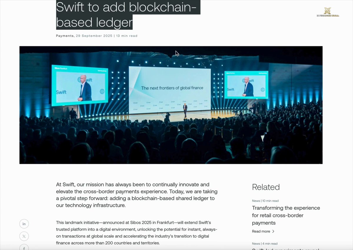 🚨This is the moment I've been watching for with $XRP SWIFT announced they're adding a blockchain-based shared ledger for real-time 24/7 cross-border payments. Over 30 banks from 16 countries are designing it. And I went through the list. 12 of those banks have confirmed Ripple partnerships. SG-FORGE. EURCV on XRPL. Ripple Custody. Tested with SWIFT for tokenized bond settlement this year. Santander. One Pay FX built with Ripple. DBS. MOU with Ripple for tokenized fund trading. Standard Chartered, Mizuho, MUFG, Bank of America, Westpac, Royal Bank of Canada, BBVA, Akbank, Absa. All linked to Ripple through payments networks, custody, steering groups, or banking consortiums. SWIFT's CEO said banks are ready for blockchain and are asking SWIFT to play a bigger role. The CLARITY Act is approaching the President's desk. SEC tokenization exemption is weeks away. The regulatory framework and the infrastructure are arriving at the same time. And the banks designing SWIFT's blockchain future are the same ones already partnered with Ripple. No direct Ripple-SWIFT deal. I'm not claiming that. But 12 of 30+ banks working on SWIFT's ledger have Ripple on their other screen. That's not a theory. That's a pattern you can verify. The architecture of the future is being built by institutions that already know $XRP Ledger from the inside. How are you connecting these pieces?