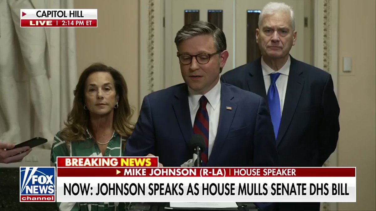 JUST IN: Speaker Johnson rejects Senate-passed bill to fund Homeland Security and calls it a Democrat "joke." "The Senate Democrats have hoisted upon this appropriations process their radical, crazy agenda."