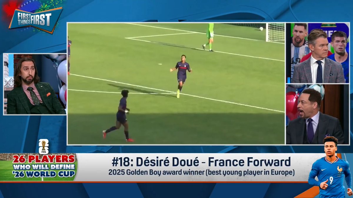 .Chris Broussard explains why Désiré Doué is #18 on the list of 26 players who will define ’26 FIFA World Cup | FOX Soccer “He’s making his World Cup debut. He is one of the most exciting and entertaining players in the world and might have the fastest feet in the world.”