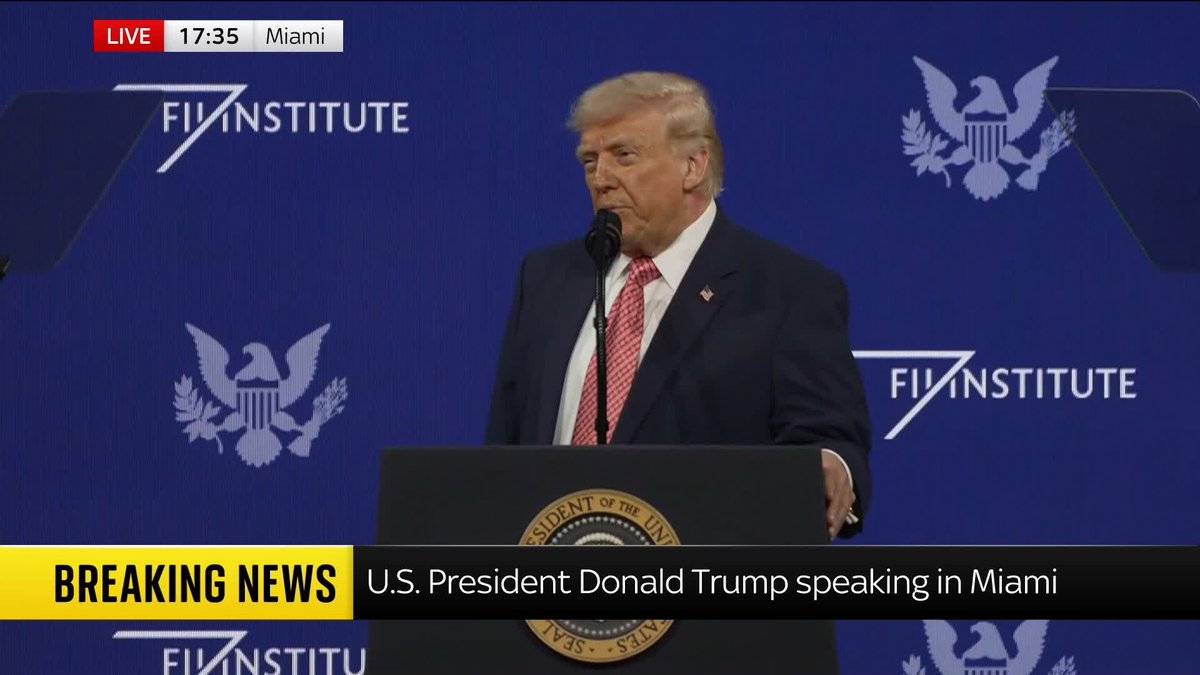 "They're on the run." U.S. President Donald Trump has told a business conference in Florida the world is 'closer than ever' to the 'rise of the Middle East' as a result of their military action in Iran. 📺 Sky 501, Virgin 602, Freeview 233 and YouTube