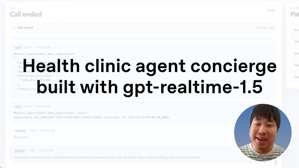 Build voice agents that do real work. We built a clinic concierge demo for a Singapore health clinic with gpt-realtime-1.5. It speaks naturally with patients, collects the right details, and books appointments in real time.