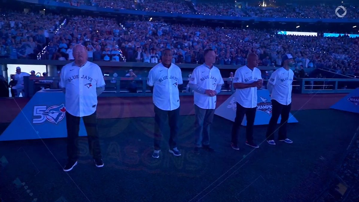 Five decades of Blue Jays baseball, one legendary first pitch 👏 Ernie Whitt, George Bell, Pat Hentgen, Vernon Wells, and José Bautista are here! #BlueJays50