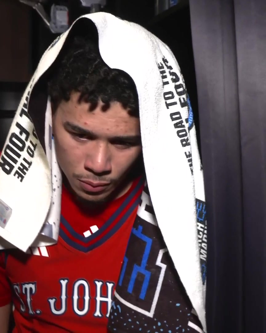 .@nikilattarulo asks Oziyah Sellers what he wants people to remember about this St. John's team: "Just how tough we were. We played hard every single play, we didn't take any possession off. I feel like that's all you can ask for, really."