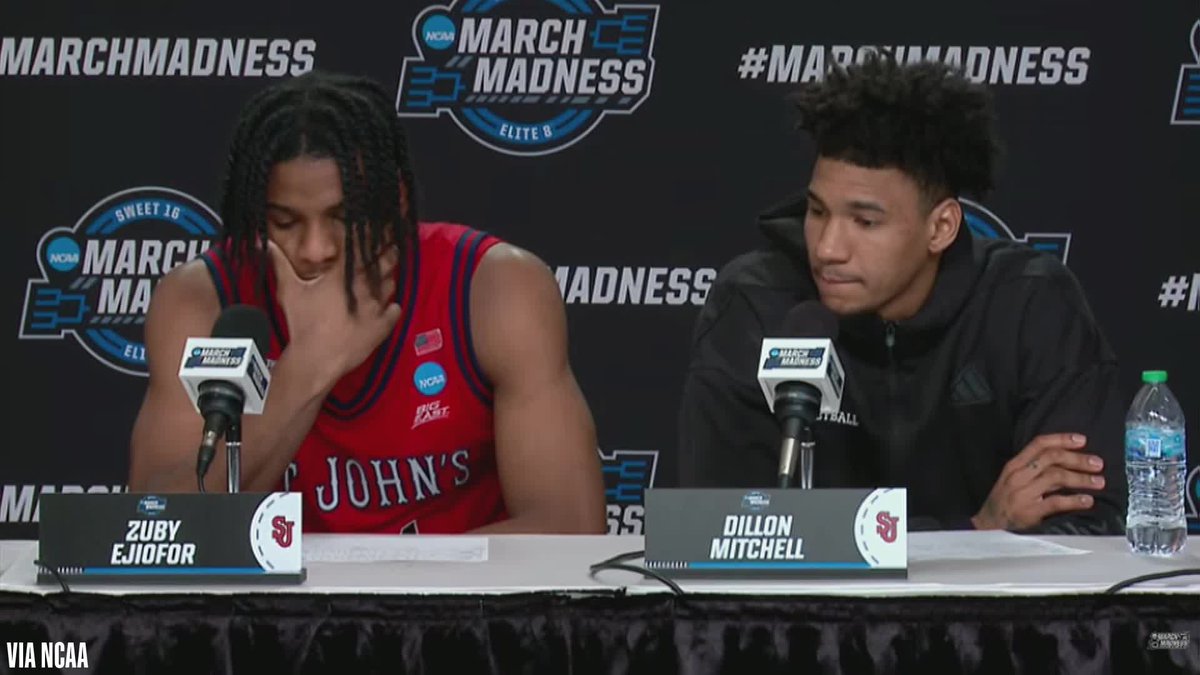 Zuby Ejiofor gets emotional on the podium after St. John's' loss to Duke in the Sweet 16