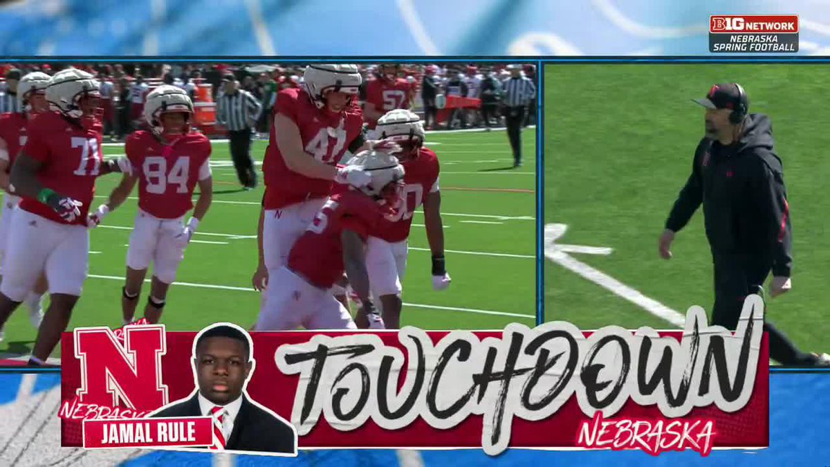 "He's got the same last name, no 'H.' But he does not have my genetics, I can tell you that." 😆 Jamal Rule breaks free for the 75-yard Nebraska Football TD while Matt Rhule is talking to our crew.