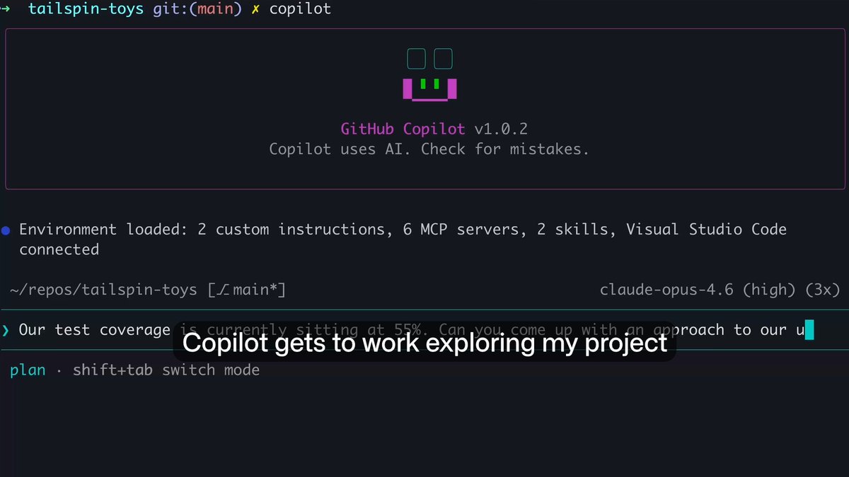 Every dev knows unit tests are important ... and every dev has a project missing them. 😅 With GitHub Copilot CLI, you can quickly generate a robust test suite right from the terminal: 1️⃣ Enter plan mode (Shift-Tab) 2️⃣ Launch a fleet of agents on autopilot 3️⃣ Monitor progress with /tasks Check out how it works, and then try it yourself. 👇