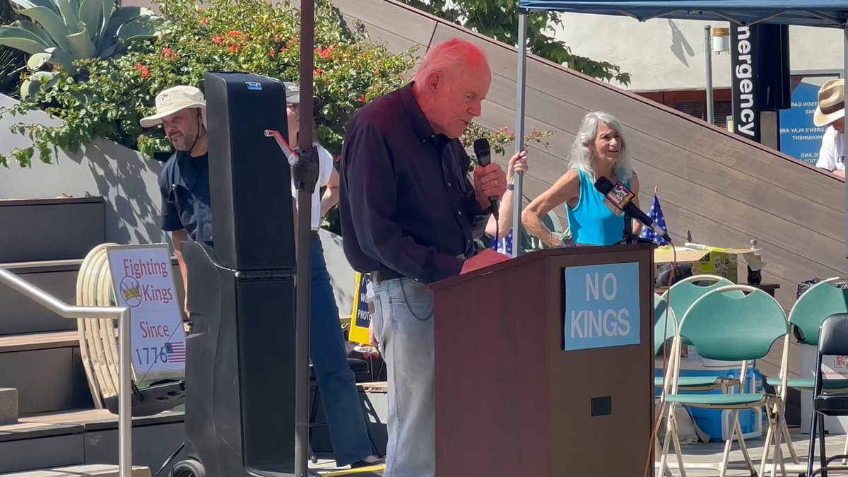 Speaking at the West Hollywood “No Kings” rally, Mike Farrell (M*A*S*H) calls ICE the “Gestapo” and Border Patrol the “brutes with guns.” He decries labelling protesters as domestic terrorists: “if you’re here in opposition to the Trump agenda and that defines you as a domestic terrorist, then you need look no further, I’m standing right here!”