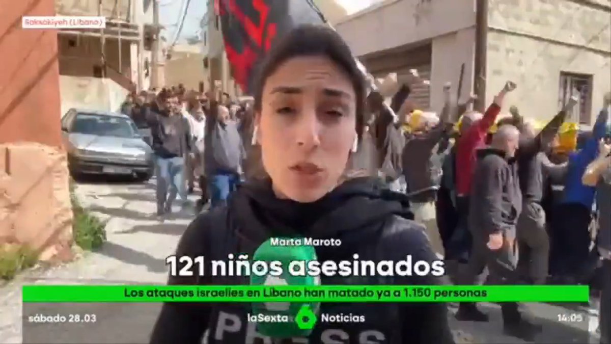 Que importante es el trabajo de periodistas como Marta Maroto (Síganla) en zonas como Líbano haciendo una labor excelente. Israel asesinó hoy a 3 periodistas y ayer a 3 niños más. "Es una guerra contra la infancia, Israel ya ha asesinado más de 120 niños en menos de un mes".