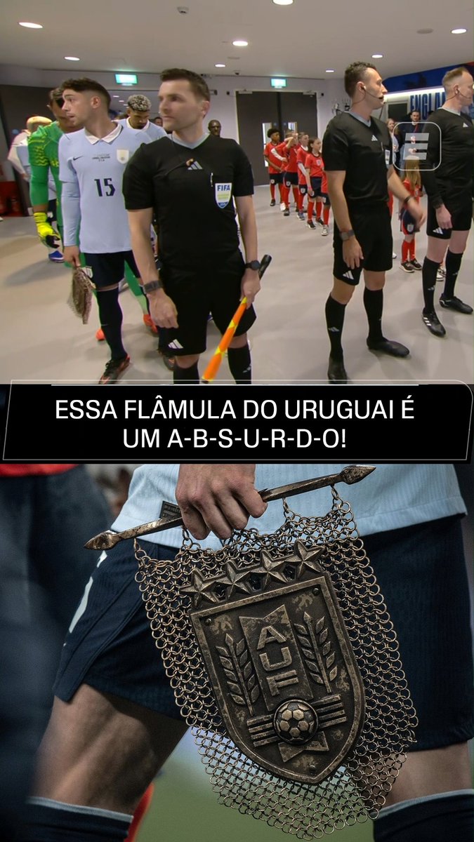 ISSO É UM ESCULACHO! No jogo contra a Inglaterra, Federico Valverde, capitão do Uruguai, entrou em campo com uma flâmula especial feita de metal e que chamou MUITA atenção! Uma obra de arte! ASSISTA ao melhor do futebol internacional pela ESPN no Plano Premium do #DisneyPlus! 📷AUF #ESPN2026 #FutebolNaESPN #Uruguai