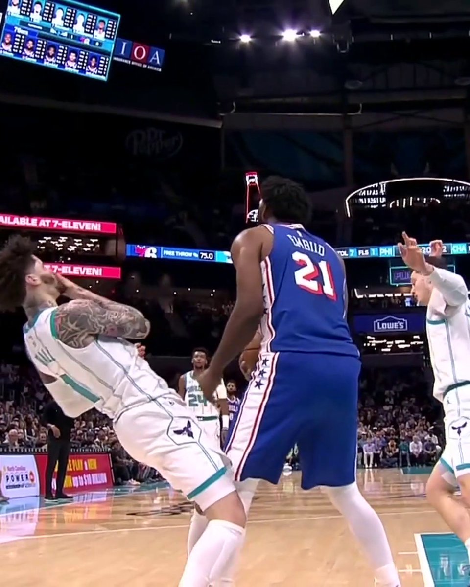 Joel Embiid received a technical foul for elbowing LaMelo Ball on this play.