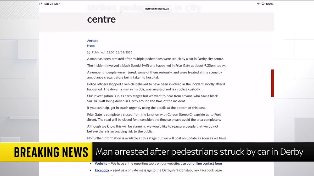 BREAKING: A man has been arrested after multiple pedestrians were hit by a car in Derby's city centre. Derbyshire Police say a number of people have been injured, some of them seriously. 📺 Sky 501, Virgin 602, Freeview 233 and YouTube