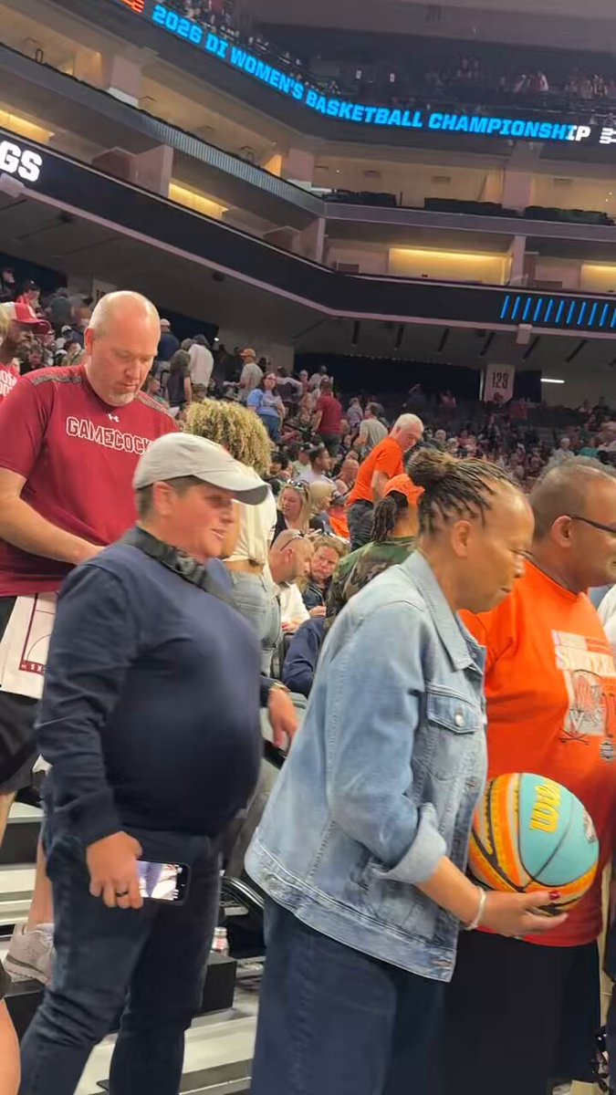 South Carolina head coach Dawn Staley is at the Virginia vs. TCU Sweet 16 game. She has a whole line of people asking for autographs and pictures.