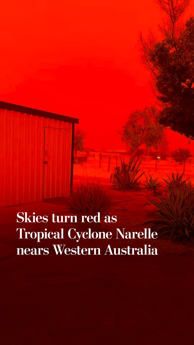 Skies in Western Australia’s Shark Bay turned red ahead of the arrival of Tropical Cyclone Narelle on Friday. The storm was downgraded to a subtropical low by Saturday.