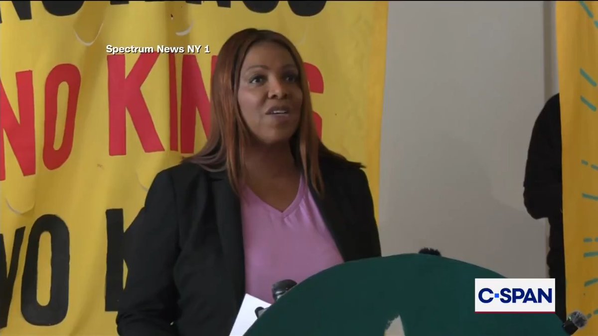 New York state Attorney General Letitia James speaks at a news conference in New York City organized by protesters on "No Kings" Day against the Trump administration.