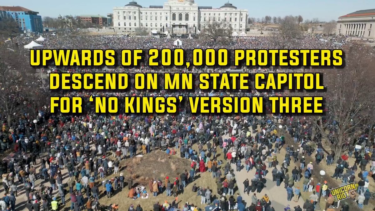 NEW: Minnesota's capitol lawn swelled with 200,000 protesters today on the third national 'No Kings' event protesting the presidential administration of Donald Trump. “This is the largest protest in Minnesota history,” Indivisible co-founder Ezra Levin said at the rally in front of the capitol building to uproarious applause. [Full video and report coming soon]
