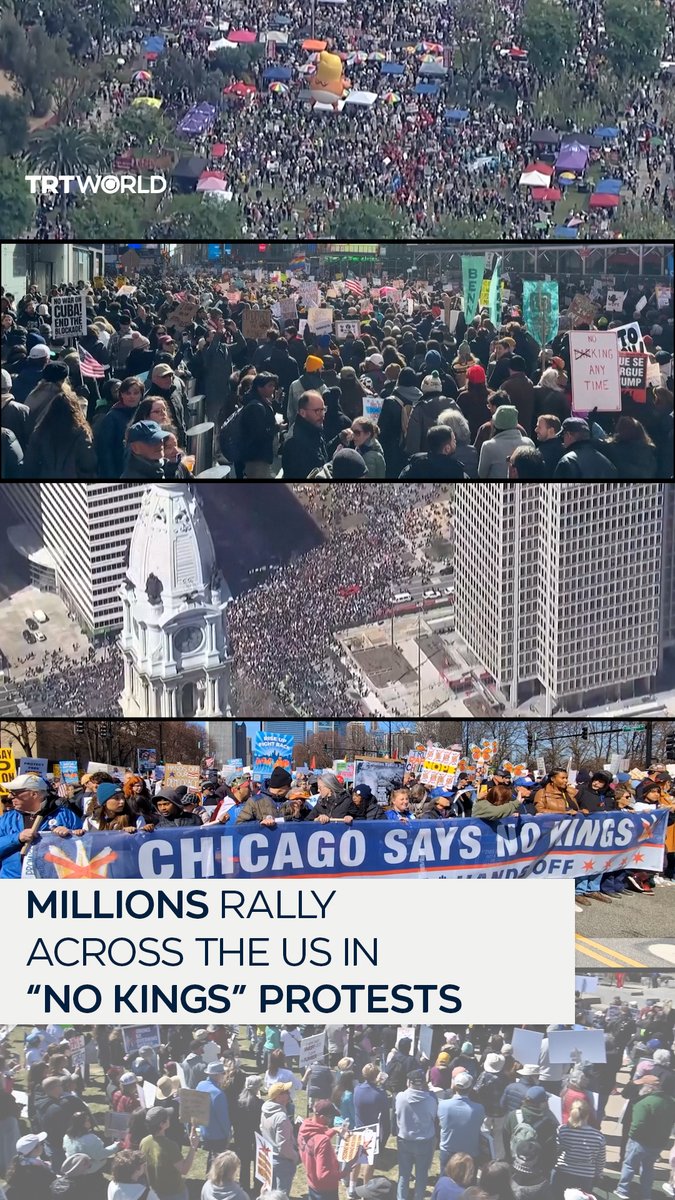 More than 8 million demonstrators rallied in over 3,300 “No Kings” events across the United States and cities worldwide, protesting policies of the Trump administration. Organised by the No Kings Coalition, protesters filled streets with signs and chants including “ICE out,” “Immigrants are welcome here,” “No war on Iran,” and “Impeachment for Trump.” The protests potentially mark one of the largest single-day protests in the US.