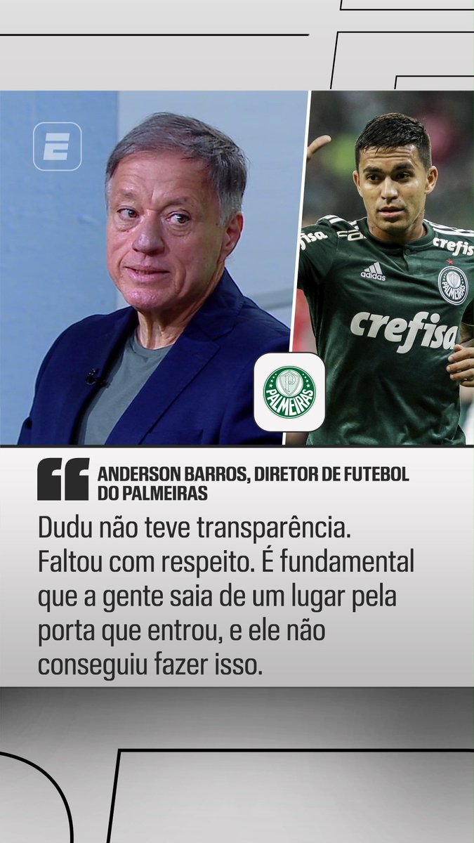 "FALTOU COM RESPEITO!" 😳 Anderson Barros, diretor de futebol do Palmeiras, falou sobre a rescisão nada amigável entre Dudu e o alviverde. O dirigente abriu o jogo e falou que o jogador faltou com respeito ao clube e que não saiu pela porta dos fundos. 👉 Assista ao Bola da Vez com Anderson no Plano Premium do #DisneyPlus! #FutebolNaESPN #Palmeiras #Dudu #Cruzeiro