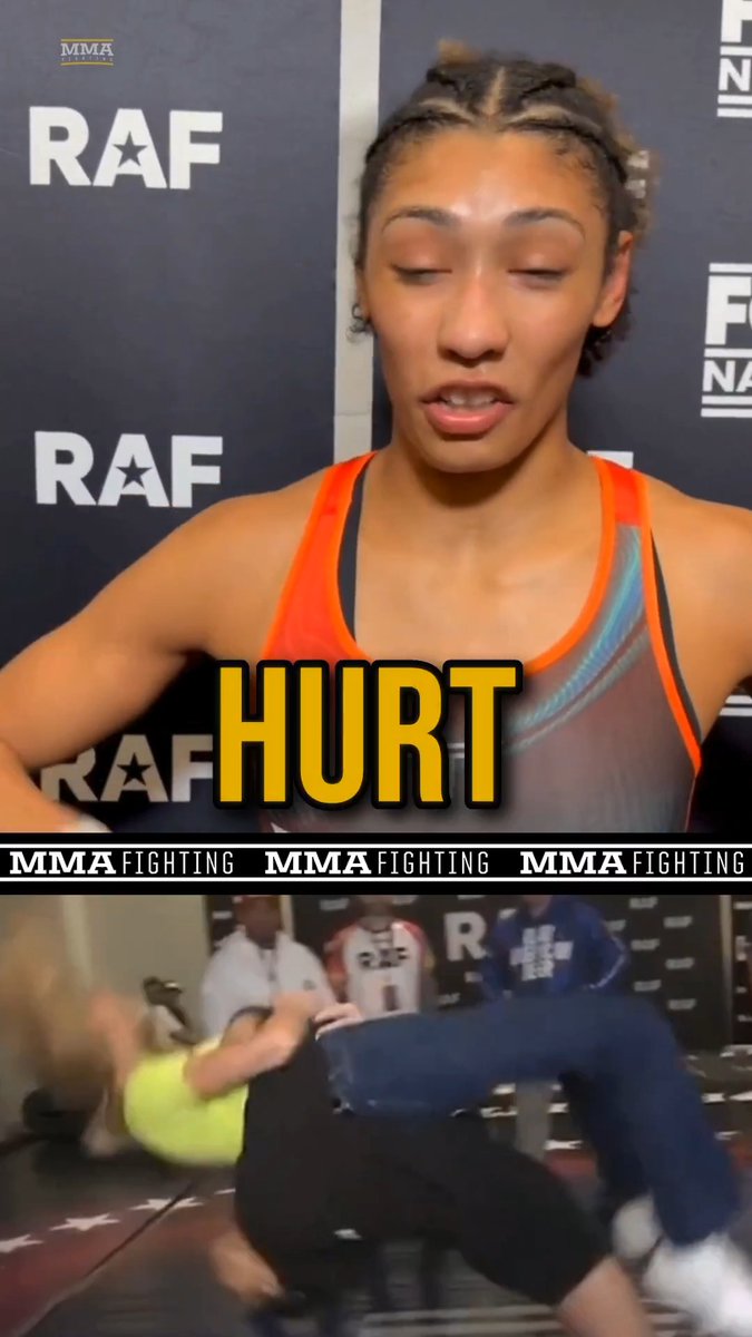 RAF champ Kennedy Blades reacts to clip of suplexing reporter Abby Hornacek going viral after #RAF7 win. 👀 (Via Mike Heck)