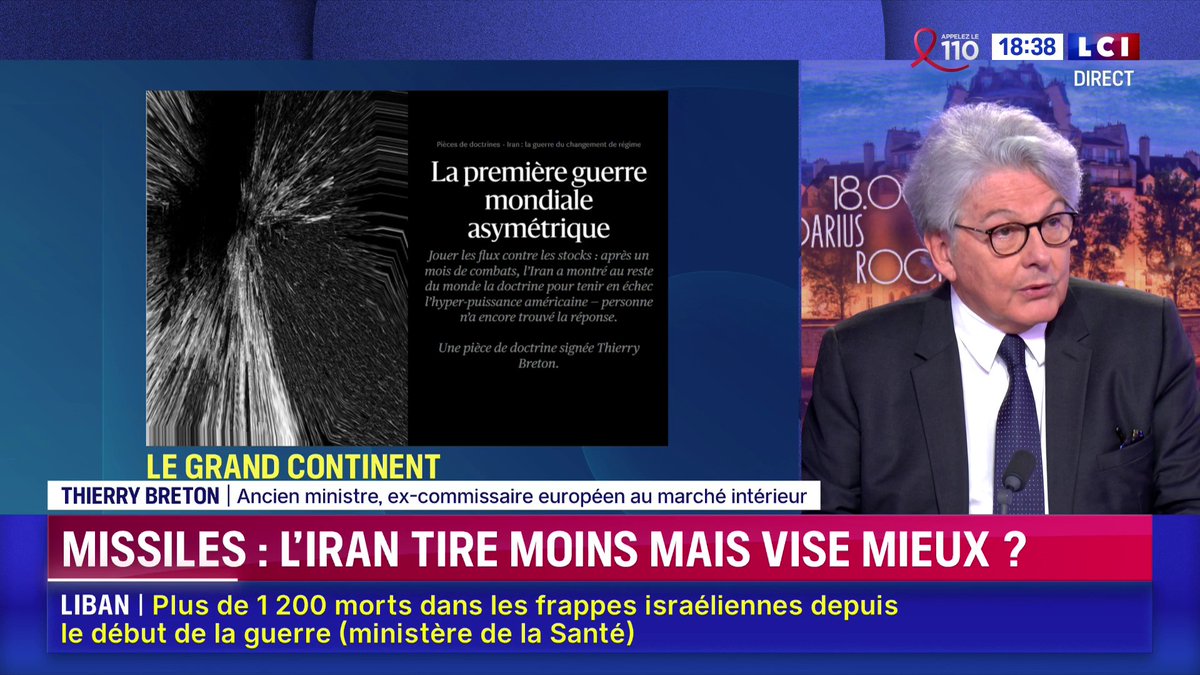 🗣️ "L'Iran n'est pas seul dans cette guerre : la Chine fournit les combustibles pour ses missiles, et la Corée du Nord son arsenal balistique" Thierry Breton explique comment le régime iranien parvient à renouveler ses stocks et à frapper plus efficacement et plus puissamment