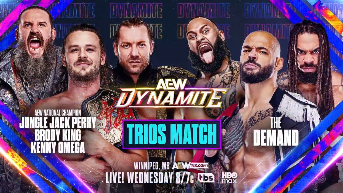 #AEWDynamite 8/7c, TBS and HBO Max This Wed, 4/1 Kenny Omega/@BrodyXKing/@Boy_Myth_Legend vs Lightskin Kingpin/B I S H O P K A U N 🇨🇲/Toa Liona Ricochet believes he should be AEW’s top contender; he wants to put Kenny back on the IR! Brody + Jungle Jack join Kenny vs The Demand WEDNESDAY!