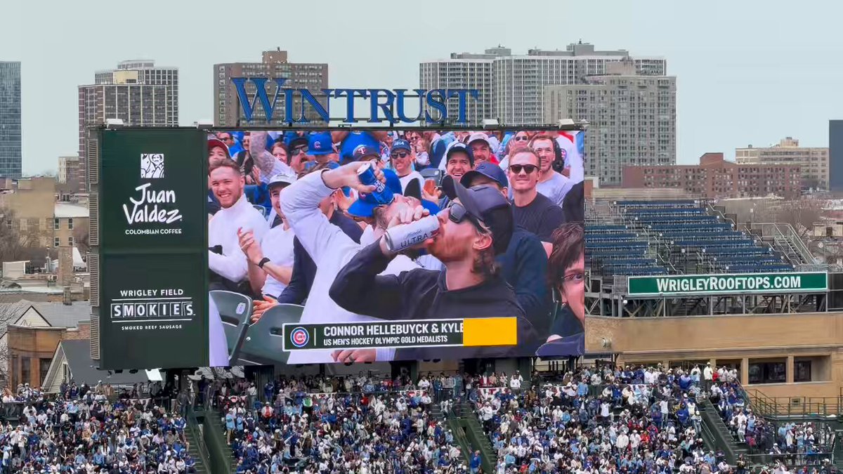 Gold medalists Connor Hellebuyck and Kyle Connor are in attendance at Wrigley Field today #hockey