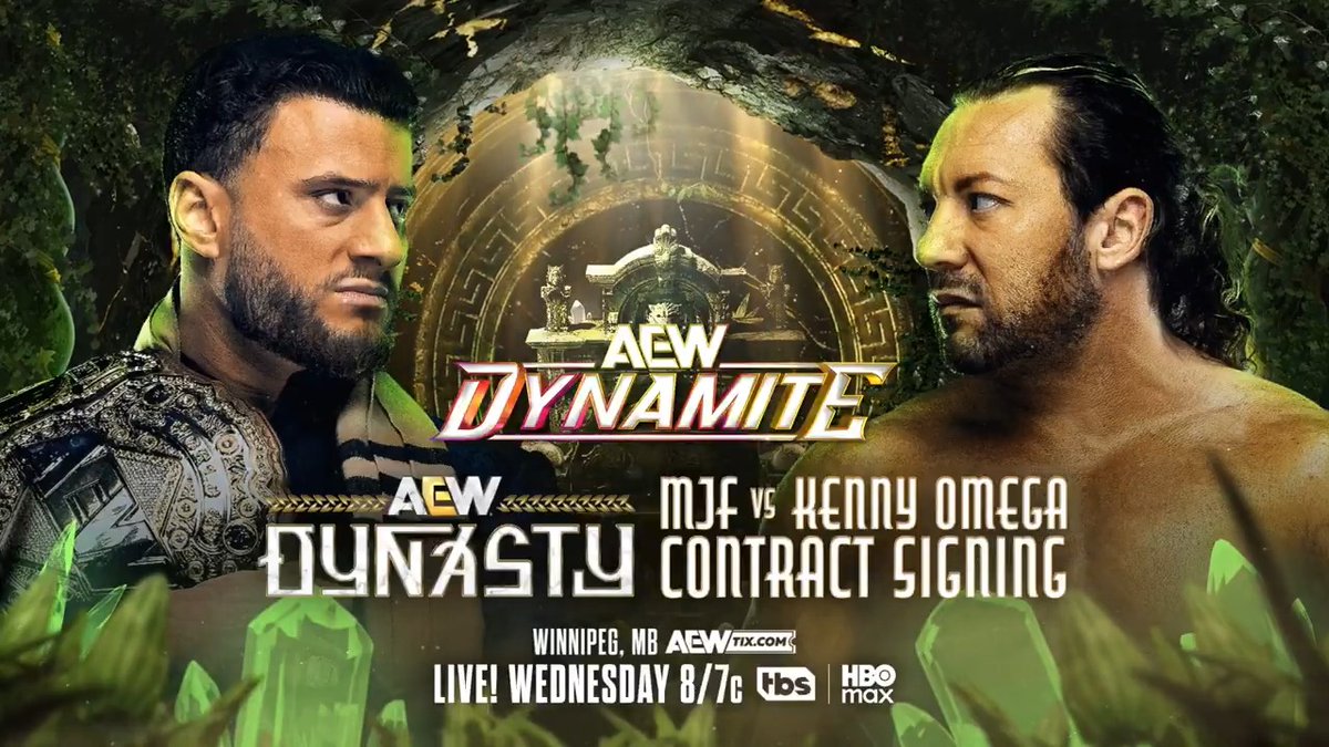 #AEWDynamite 8/7c, TBS + HBO Max This Wednesday 4/1! Maxwell Jacob Friedman™️ + Kenny Omega #AEWDynasty Contract Signing AEW World Champion MJF + Omega will make their match official with MJF's added condition of no physicality or the match is off! They sign on the dotted line, WEDNESDAY!