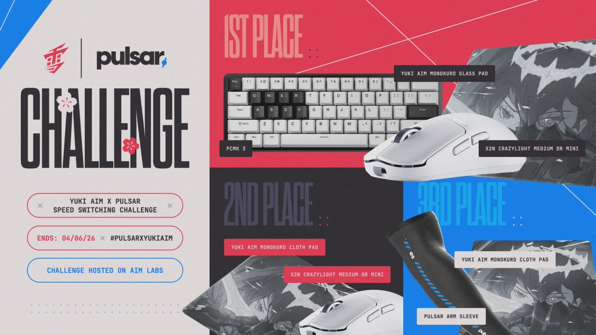 Yuki Aim x Pulsar Aim Challenge! Details: ✦ Aim Challenge with Pulsar Gaming Gears ✦ This challenge will be hosted on Aimlabs ✦ Play “Yuki Aim x Pulsar Speed Switching Challenge” on Aim Labs and win prizes! ✦ Challenge ends April 6, 2026. ✦ Submit your clips for us to see with the hashtag #pulsarxyukiaim Good Luck!