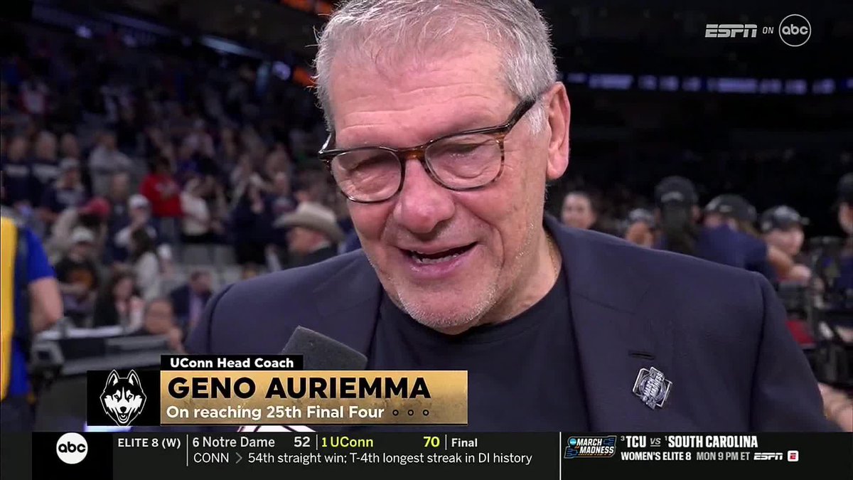"You know people say 'that's 25 for you'. Well that's no. 1 for Blanca, no. 1 for Heckel, no. 1 for Serah Williams." - Geno Auriemma 🥹 #MarchMadness x 🎥 ABC / UConn Women’s Basketball