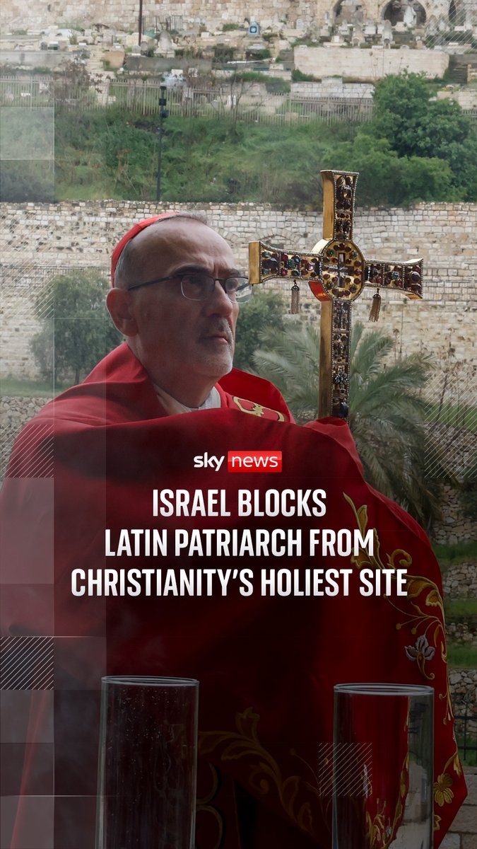 Cardinal Pierbattista Pizzaballa was prevented from entering the Church of the Holy Sepulchre to celebrate Mass on the Christian holiday of Palm Sunday, according to the Latin Patriarchate of Jerusalem. Israeli police said all holy sites in Jerusalem's Old City had been closed to worshippers since the war in Iran began. Sky's John Sparks reports. 🔗