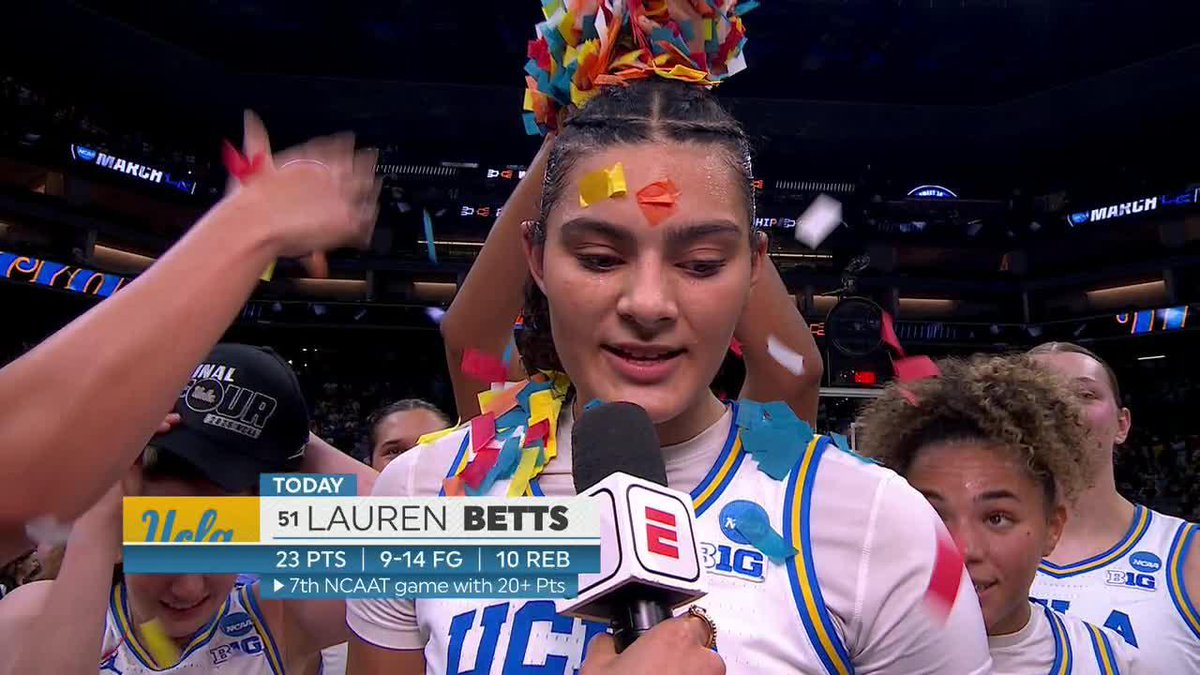 "I'm sweaty." 😂 Lauren Betts' teammates gave her a confetti bath after UCLA advanced to the Final Four 🎊