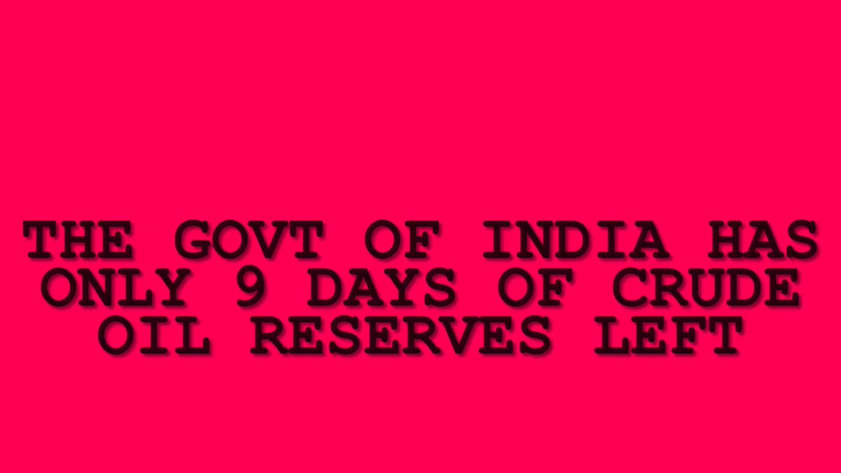 Here's why you should be WORRIED: Govt of India has ONLY 9 DAYS of crude oil reserves 👉 Last year, budget for strategic oil reserves CUT by 97% 👉 Even after that, only 17% of budgeted amount was spent 👉 Currently, India has 5.33 metric tons of crude oil at 3 facilities 👉 These 3 facilities are filled at ONLY 64% of capacity Therefore, Govt of India HAS ONLY 9 days of crude oil reserves. If you include commercial reserves of OMCs, we have 74 days. Compare that with: Japan - 254 days South Korea - 208 days China - 200 days India? ONLY 74 days Modi Govt is MISLEADING people. From Parliament 👇