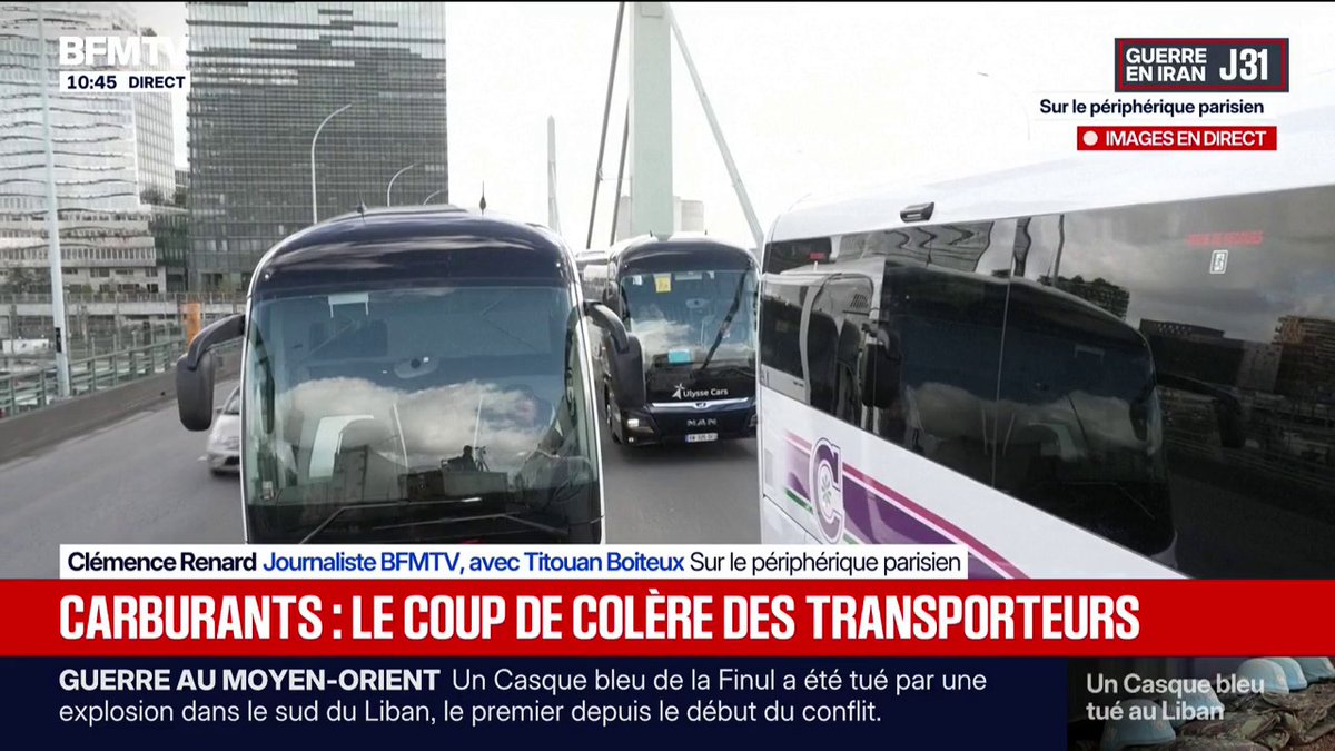 💬 "C'est un surcoût de 30.000 euros, rien que sur le mois de mars" ➡️ Face à la hausse du prix du carburant, les transporteurs bloquent le périphérique parisien